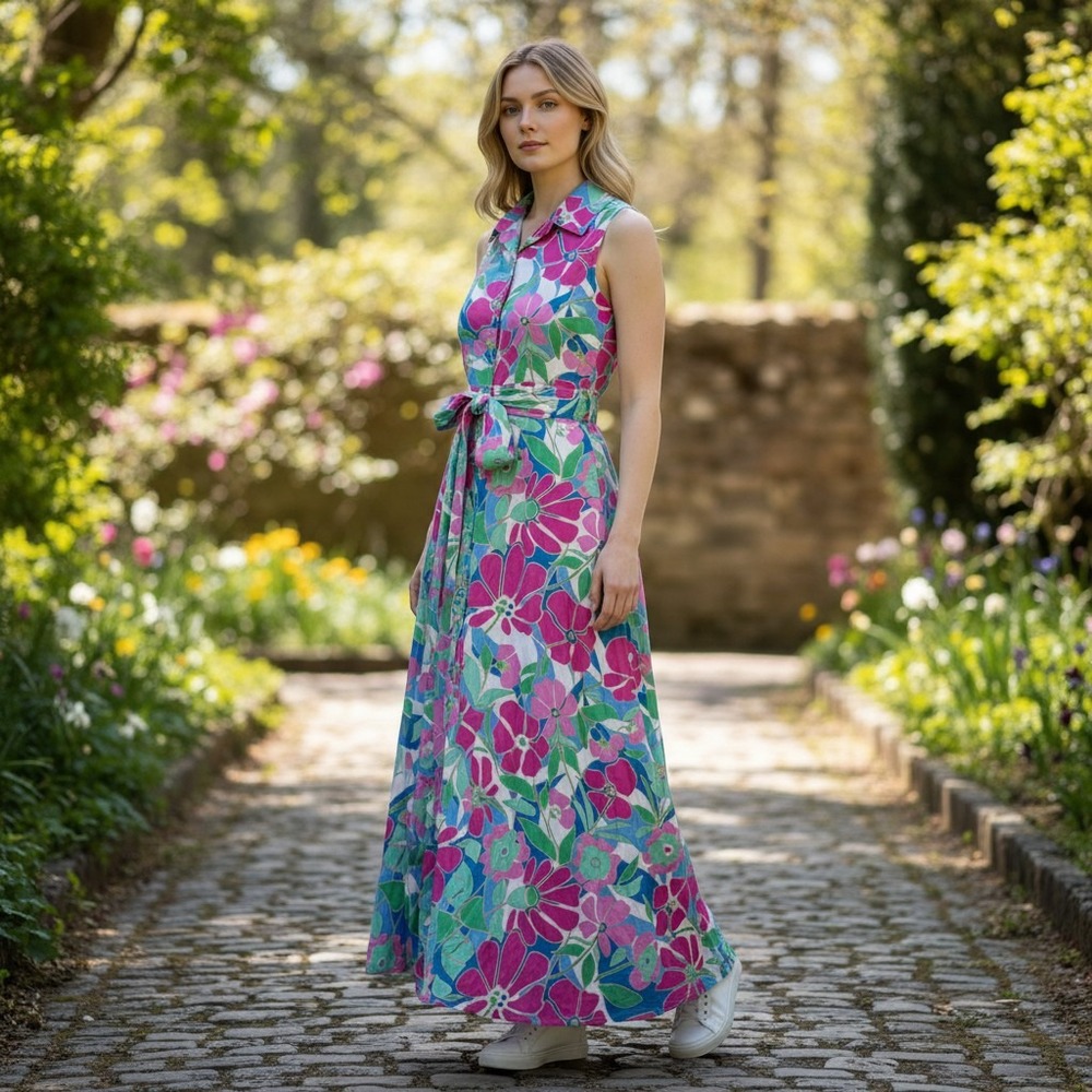 Love X Design Floral Maxi Dress Womens Small Pink Blue Gold Button Tie Waist